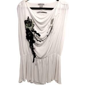 Alberto Makali Womens Shirt Size XL White VTG Black Floral Lace Applique